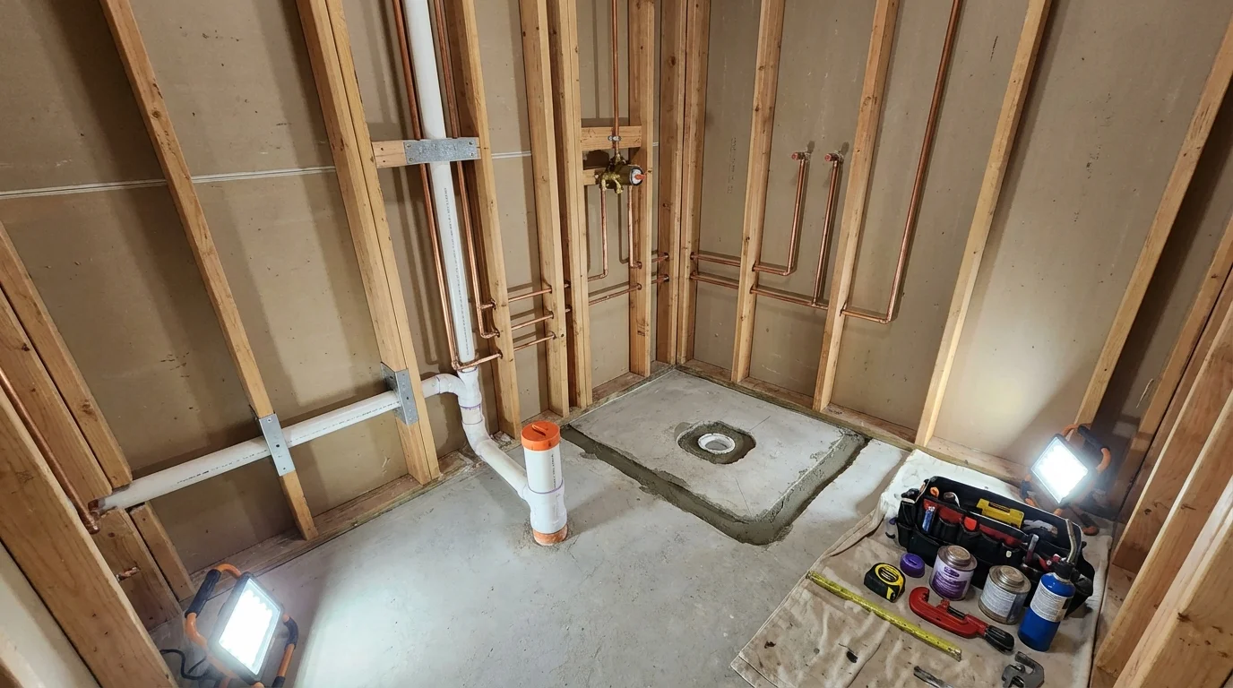 Bathroom rough-in plumbing during remodel by Johns Plumbing LLC in Laurens