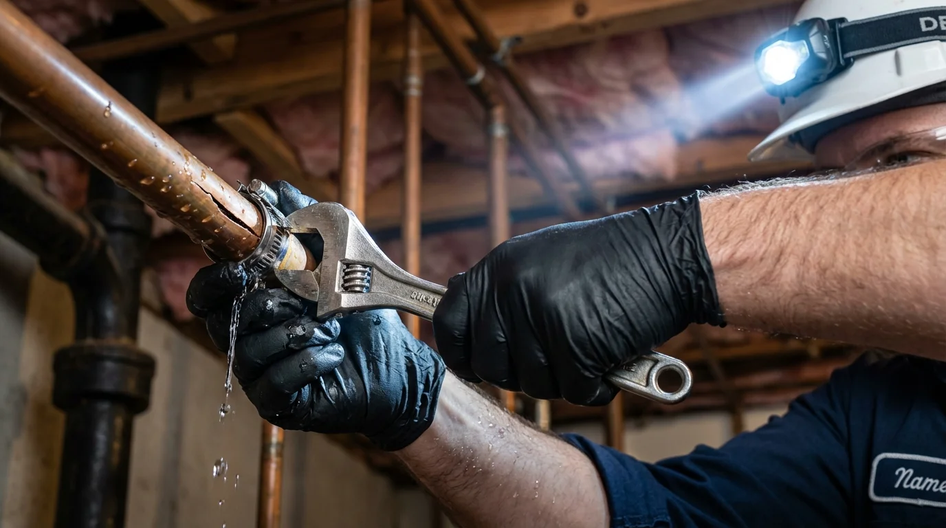 Emergency pipe clamp repair being performed by a Johns Plumbing LLC plumber in Laurens