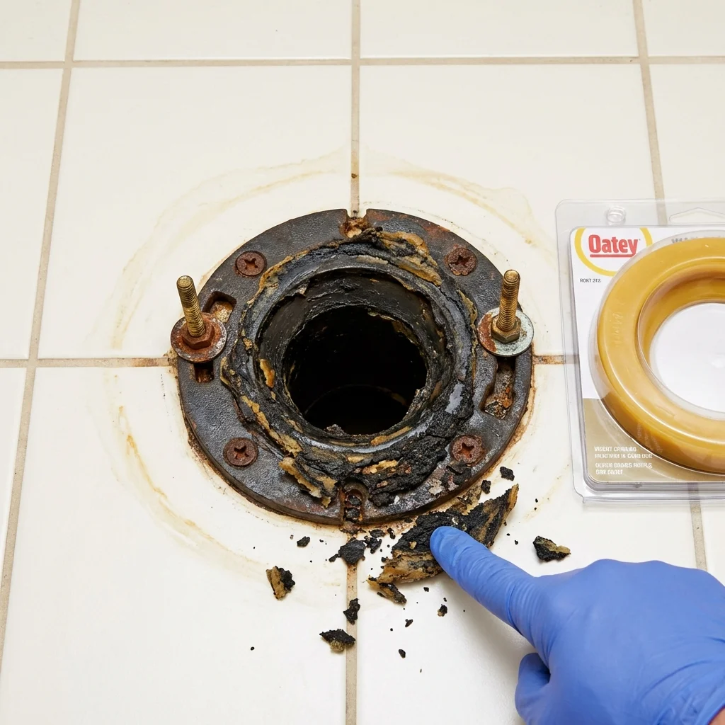 Failed wax ring showing water seepage at the base of a toilet in a Laurens, IA home