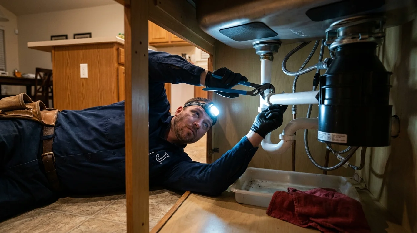 P-trap and supply line connections under a kitchen sink showing a common leak point in Laurens, IA